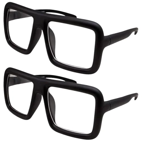 grinderPUNCH Thick Square Frame Clear Lens Glasses Eyeglasses Super Oversized Fashion and Costume 2 Pack - Matte Black